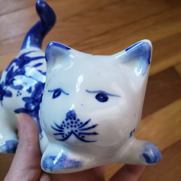 Cat kitten coin bank blue white floral print small - Picture 9 of 9